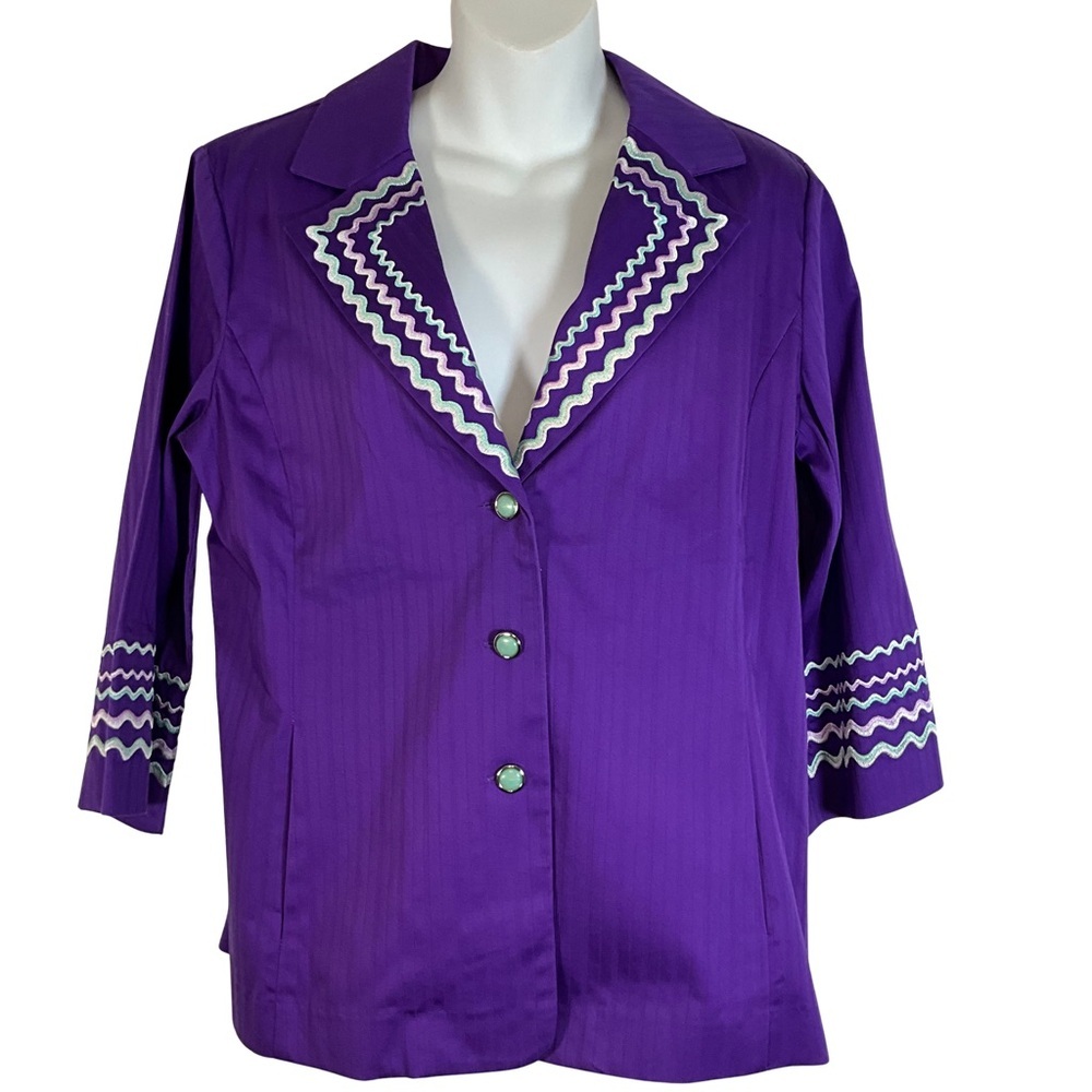 Bob Mackie Top Size M  Vibrant Purple Wearable Art Colorful Button Up